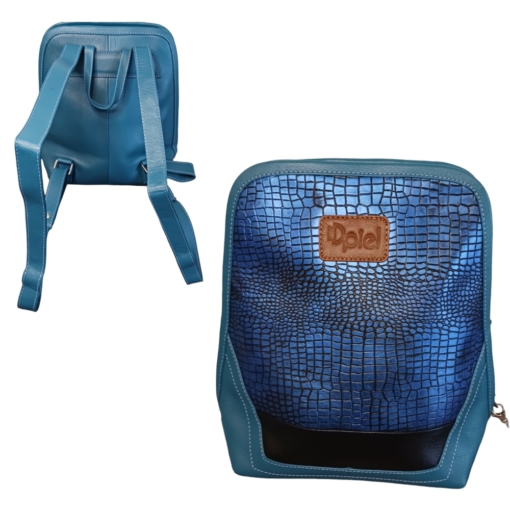 Womens 100% Leather Backpack Style Handbag Teal Blue Animal Print NWT metallic